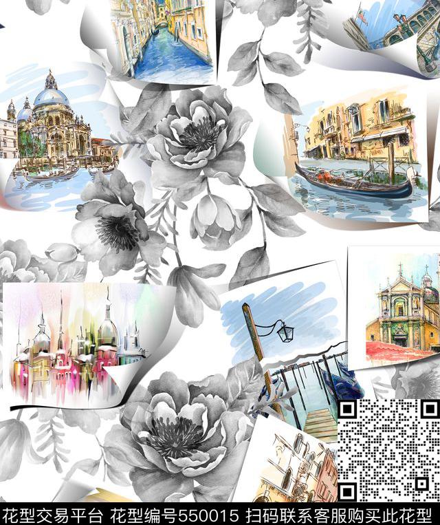 花绘建筑物休闲数码印花华亿平台下载（图片编号: 550015） - 瓦栏（Walan）