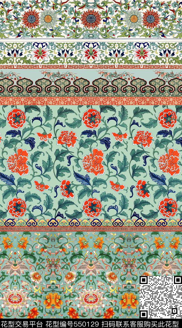 中国风条纹卷草数码印花华亿平台下载（图片编号: 550129） - 瓦栏（Walan）