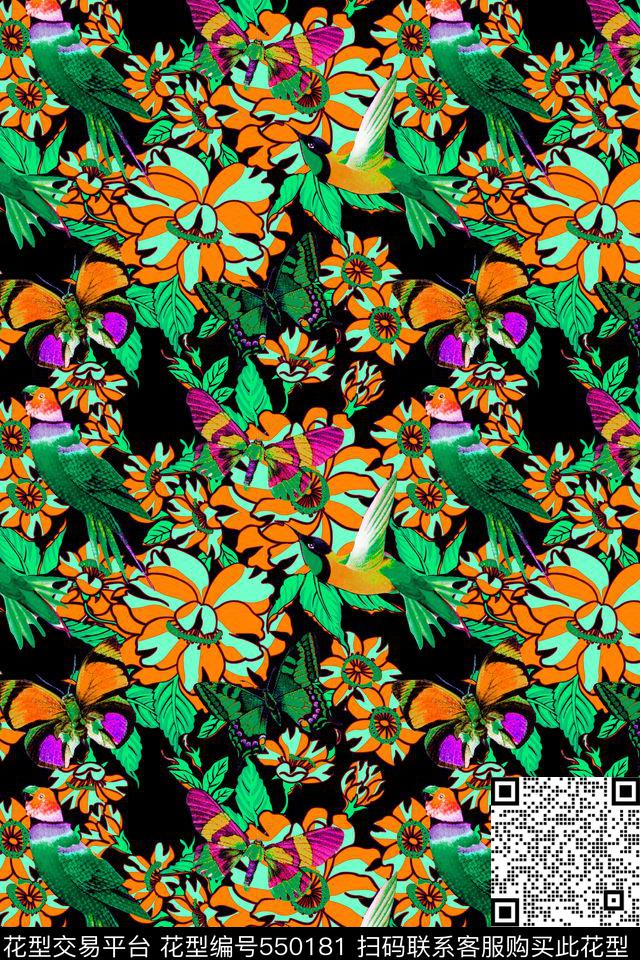 复古花卉鹦鹉传统印花华亿平台下载（图片编号: 550181） - 瓦栏（Walan）