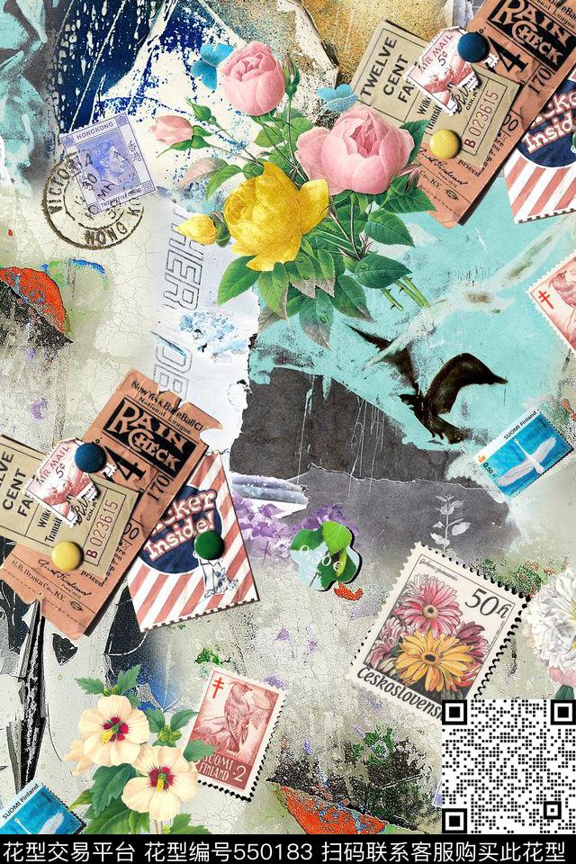 英伦花卉邮票数码印花华亿平台下载（图片编号: 550183） - 瓦栏（Walan）