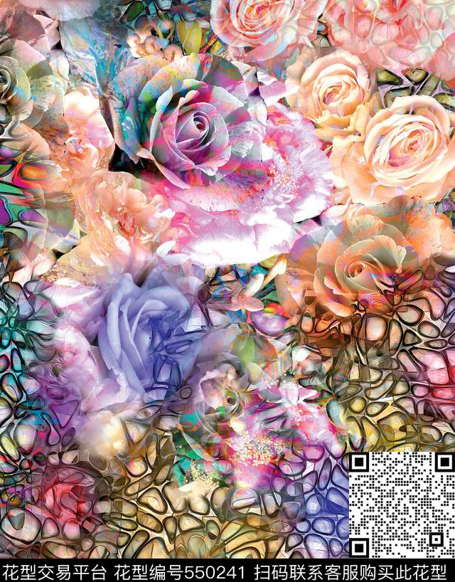宝石定位花玫瑰花数码印花华亿平台下载（图片编号: 550241） - 瓦栏（Walan）