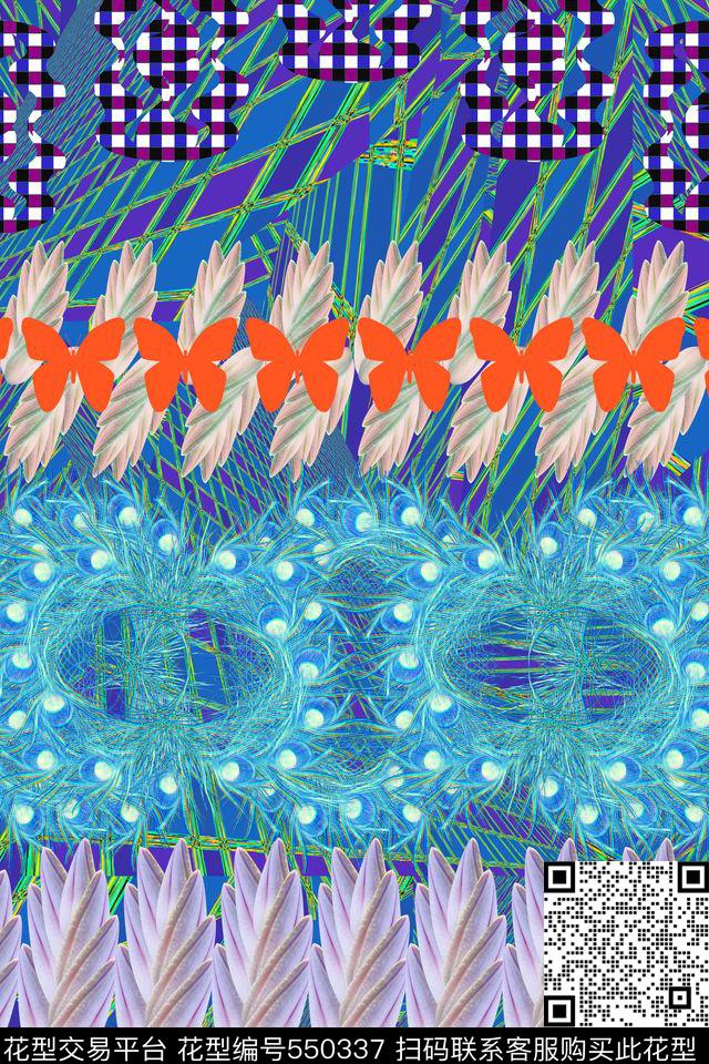 格子蝴蝶花卉数码印花华亿平台下载（图片编号: 550337） - 瓦栏（Walan）