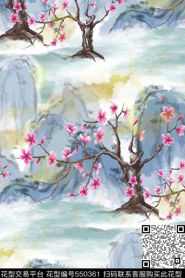 中国风桃花山水数码印花华亿平台下载（图片编号: 550361） - 瓦栏（Walan）