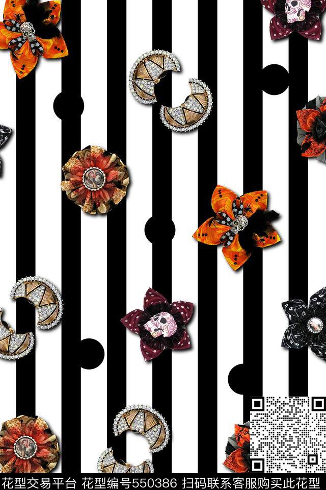 黑白线条圆点装饰花卉休闲风数码印花华亿平台下载（图片编号: 550386） - 瓦栏（Walan）