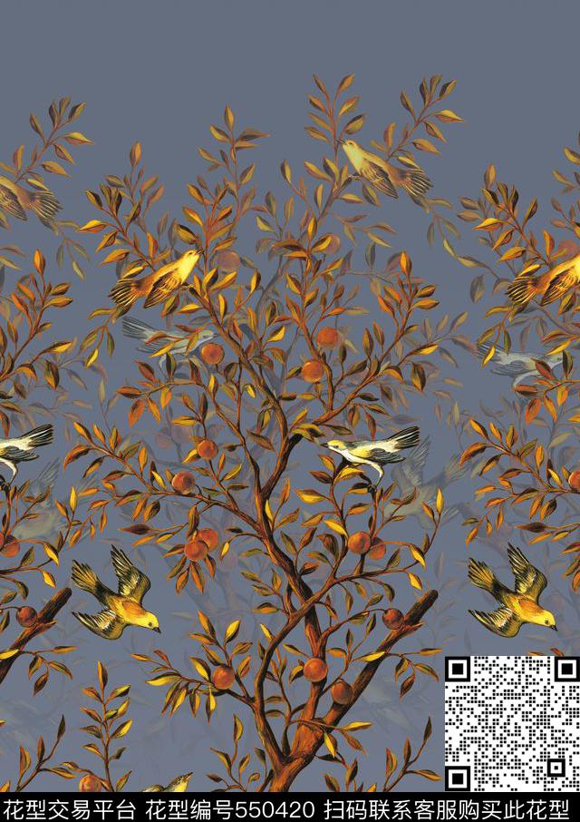 大牌男装复古花鸟树枝数码印花华亿平台下载（图片编号: 550420） - 瓦栏（Walan）