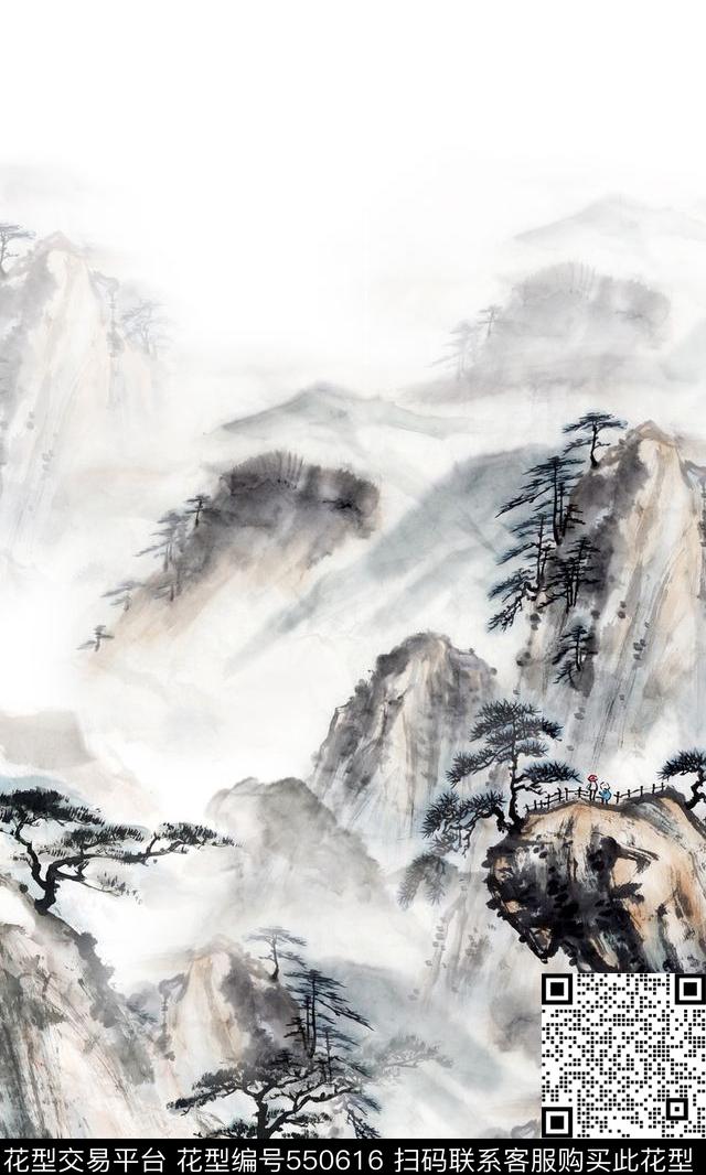 国画山树绘画风格旗袍定位数码印花华亿平台下载（图片编号: 550616） - 瓦栏（Walan）