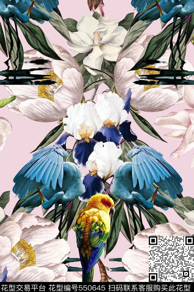 时尚大牌欧美风格花卉鹦鹉鹤复古数码印花华亿平台下载（图片编号: 550645） - 瓦栏（Walan）