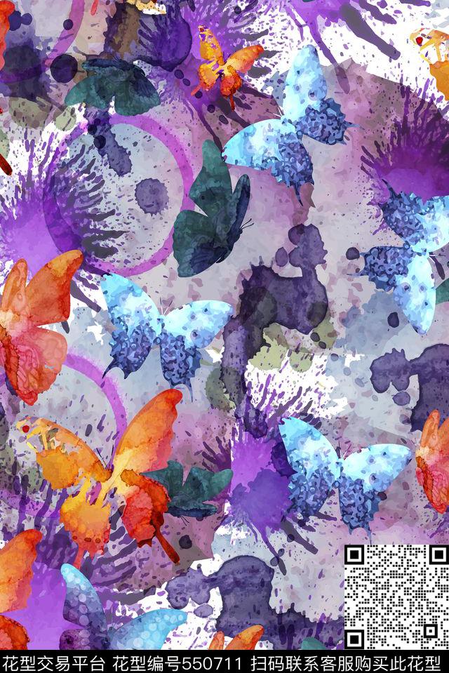 紫色水彩蝴蝶数码印花华亿平台下载（图片编号: 550711） - 瓦栏（Walan）