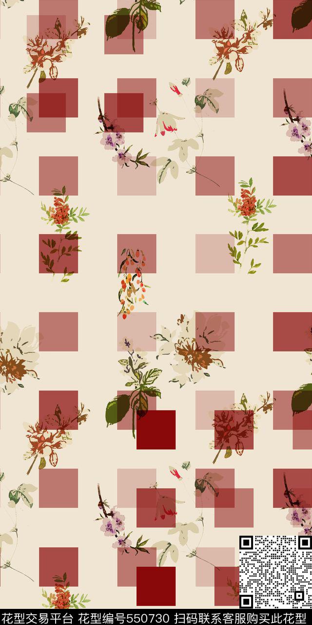 格子花卉几何传统印花华亿平台下载（图片编号: 550730） - 瓦栏（Walan）