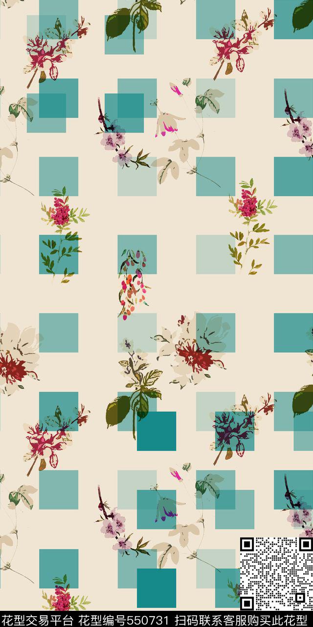 几何格子花卉数码印花华亿平台下载（图片编号: 550731） - 瓦栏（Walan）