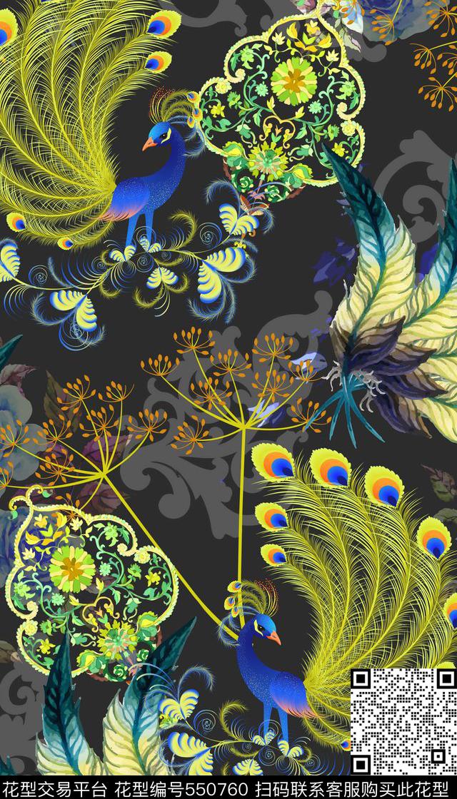 时尚孔雀羽毛数码印花华亿平台下载（图片编号: 550760） - 瓦栏（Walan）