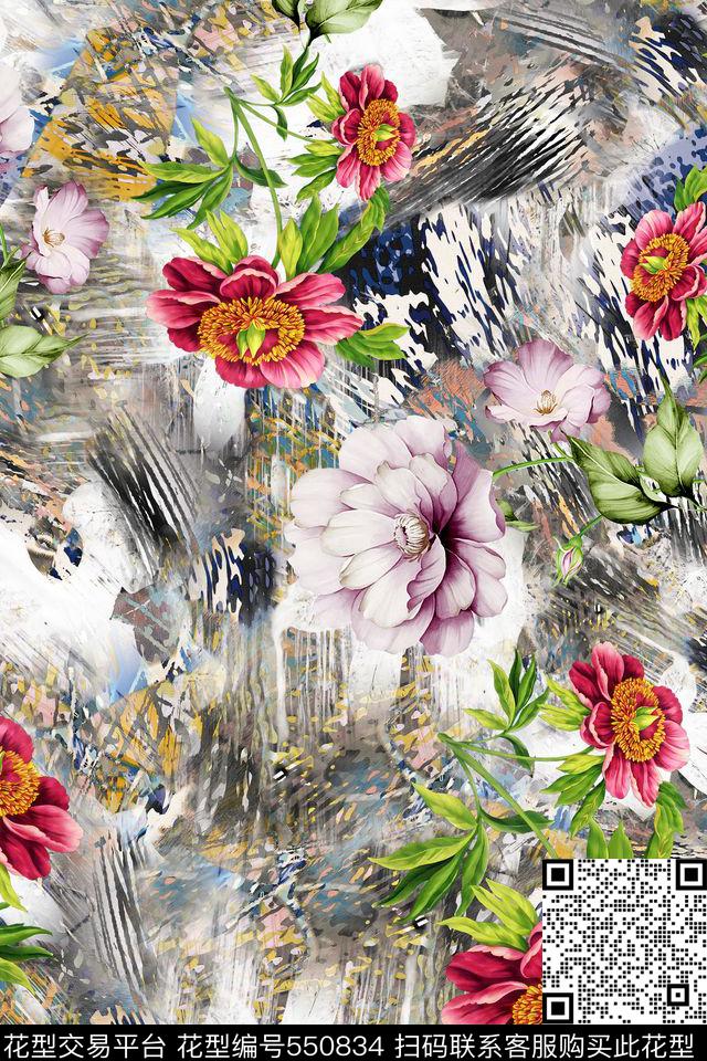 水墨底纹仿豹纹线条朦胧花卉数码印花华亿平台下载（图片编号: 550834） - 瓦栏（Walan）