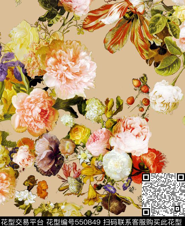 复古花卉油画数码印花华亿平台下载（图片编号: 550849） - 瓦栏（Walan）