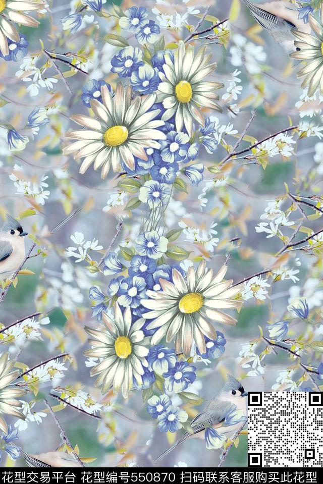 时尚小清新菊花花卉小鸟复古数码印花华亿平台下载（图片编号: 550870） - 瓦栏（Walan）