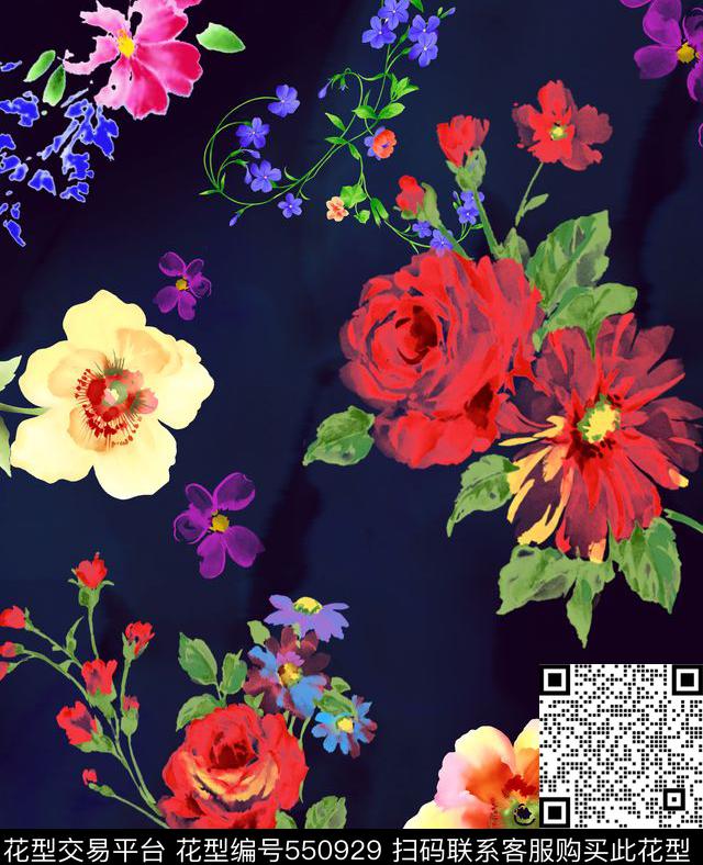 中国风水彩花卉绿色臧兰数码印花华亿平台下载（图片编号: 550929） - 瓦栏（Walan）