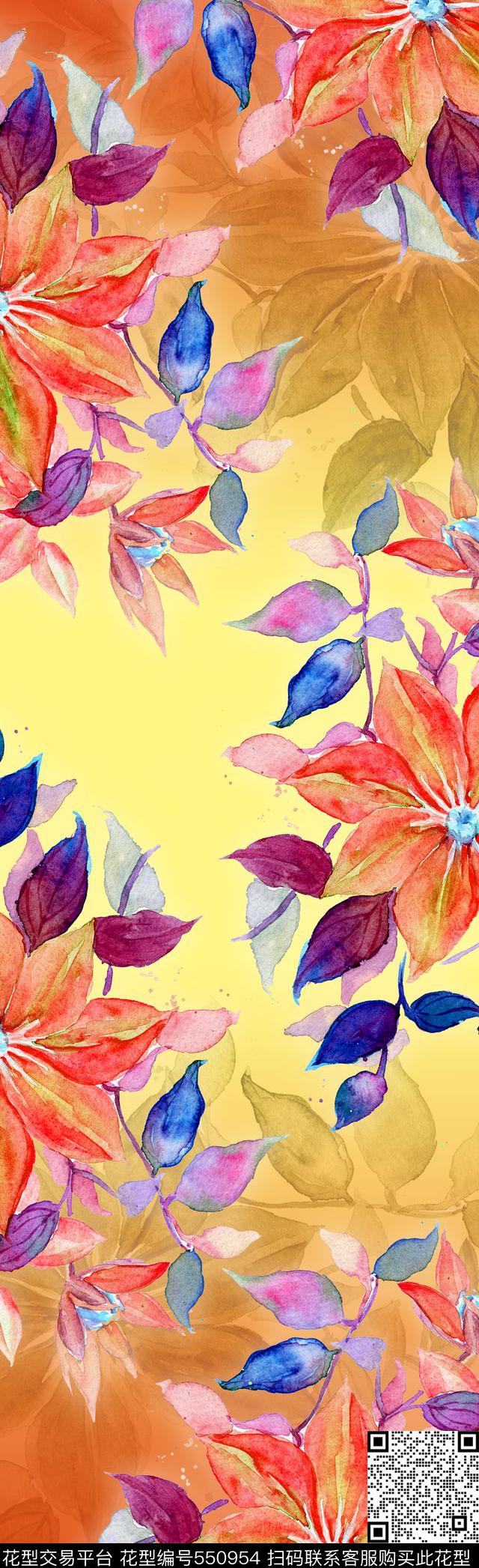 手绘水彩花卉数码印花华亿平台下载（图片编号: 550954） - 瓦栏（Walan）