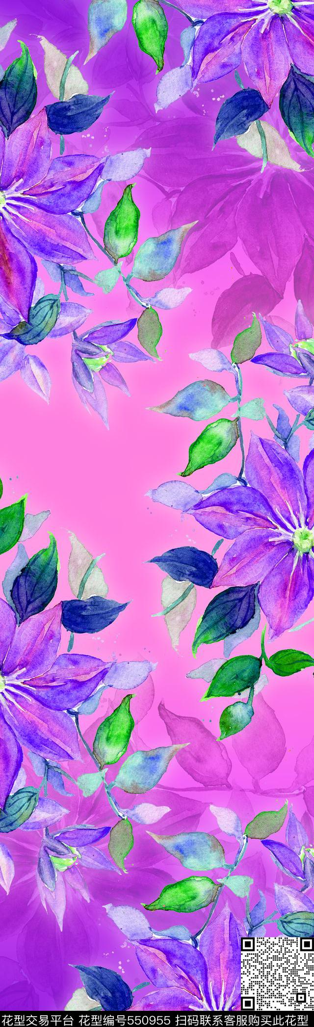 手绘水彩花卉数码印花华亿平台下载（图片编号: 550955） - 瓦栏（Walan）