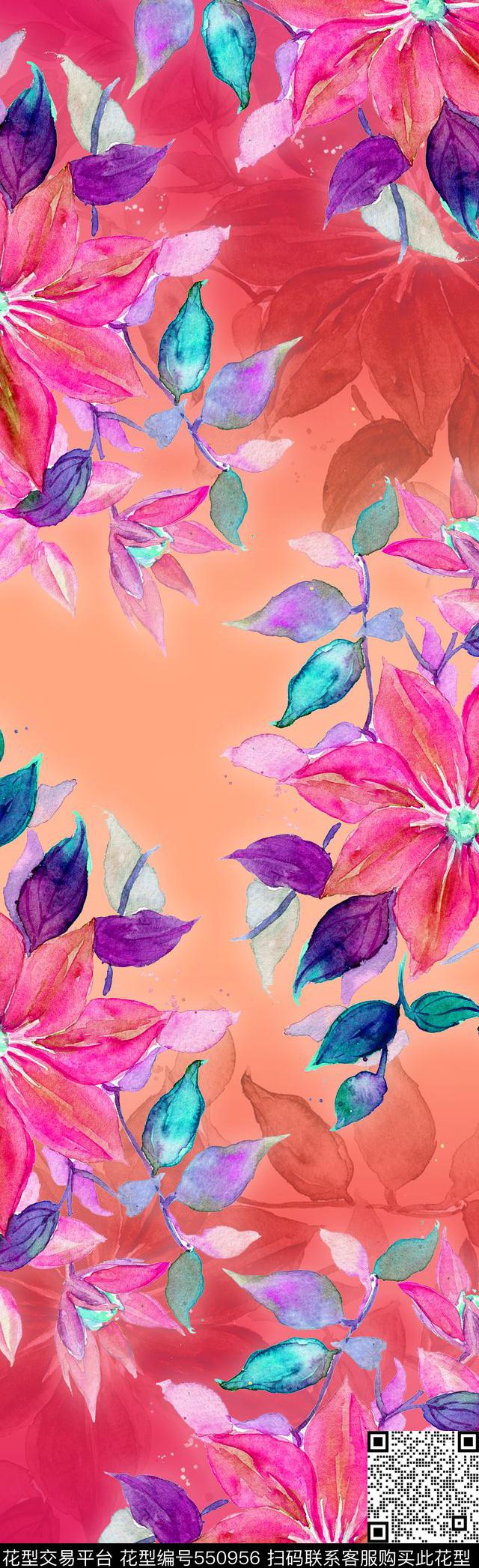 手绘水彩花卉数码印花华亿平台下载（图片编号: 550956） - 瓦栏（Walan）