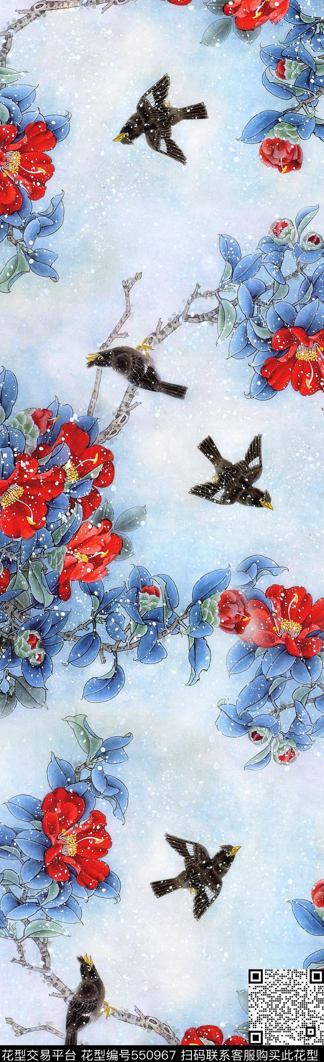 手绘中国风工笔数码印花华亿平台下载（图片编号: 550967） - 瓦栏（Walan）