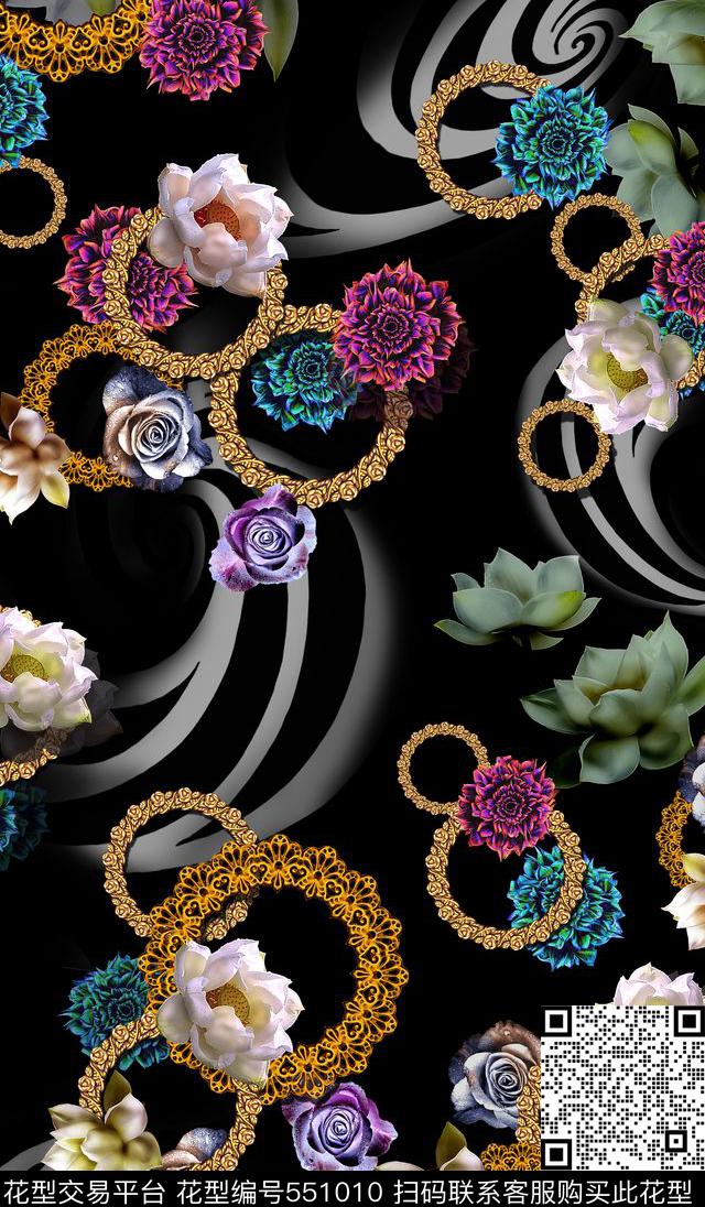 大牌花卉边框数码印花华亿平台下载（图片编号: 551010） - 瓦栏（Walan）