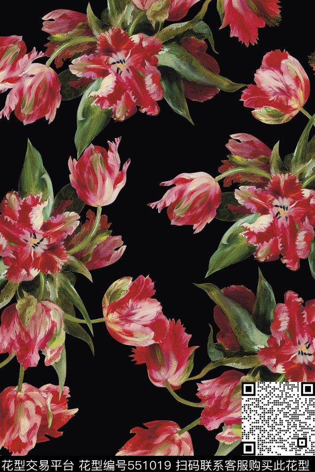 手绘郁金香手绘写意数码印花华亿平台下载（图片编号: 551019） - 瓦栏（Walan）