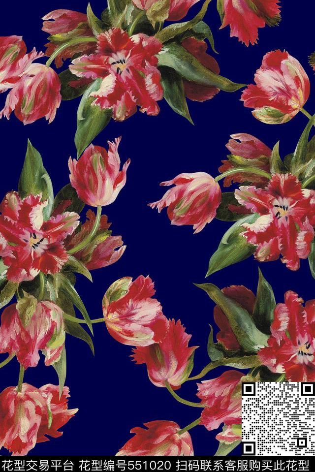 手绘郁金香手绘写意数码印花华亿平台下载（图片编号: 551020） - 瓦栏（Walan）