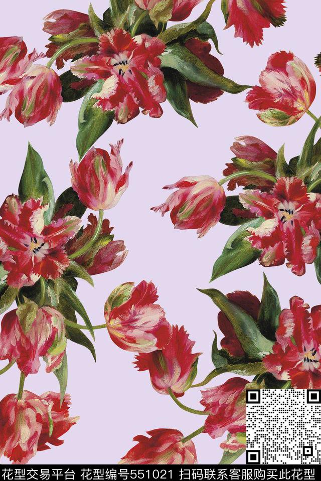 手绘郁金香手绘写意数码印花华亿平台下载（图片编号: 551021） - 瓦栏（Walan）