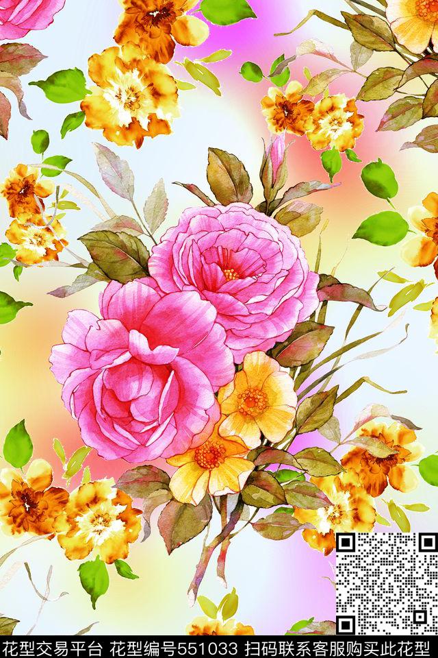 国画花朵丝巾数码印花华亿平台下载（图片编号: 551033） - 瓦栏（Walan）