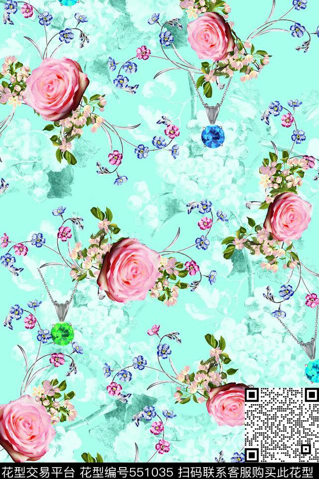 潮流时尚大牌水晶花卉珠宝数码印花华亿平台下载（图片编号: 551035） - 瓦栏（Walan）