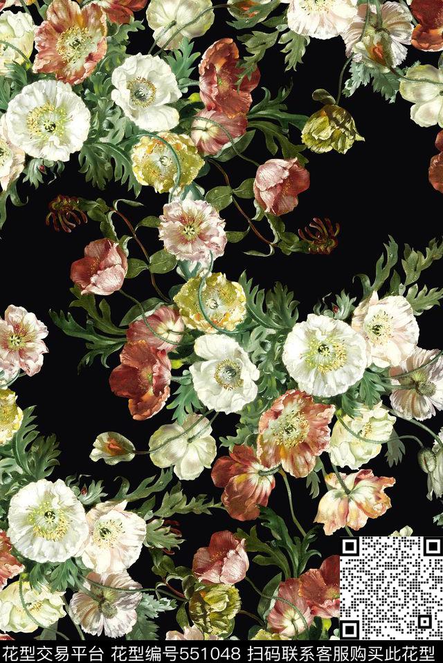 手绘手绘罂粟花写实油画数码印花华亿平台下载（图片编号: 551048） - 瓦栏（Walan）