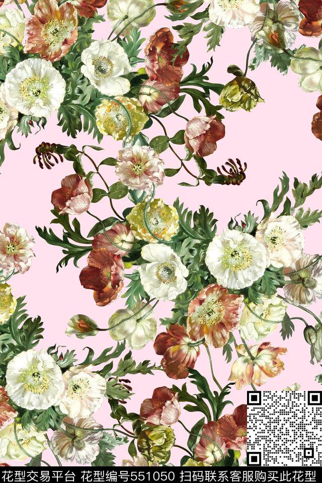 手绘手绘罂粟花写实油画数码印花华亿平台下载（图片编号: 551050） - 瓦栏（Walan）