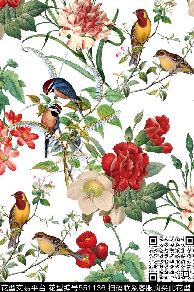 花卉小鸟纯色底数码印花华亿平台下载（图片编号: 551136） - 瓦栏（Walan）