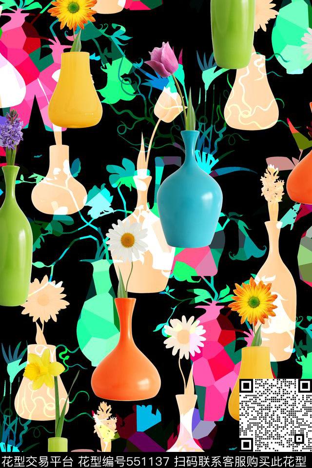 花卉花瓶纯色底数码印花华亿平台下载（图片编号: 551137） - 瓦栏（Walan）