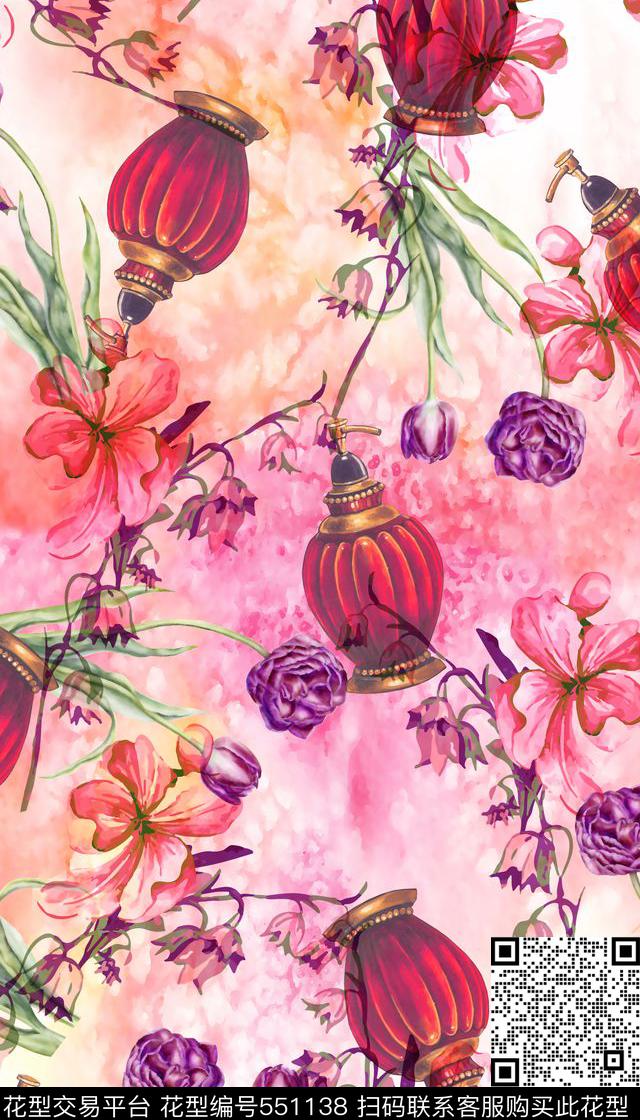 复古香水瓶花卉清新数码印花华亿平台下载（图片编号: 551138） - 瓦栏（Walan）