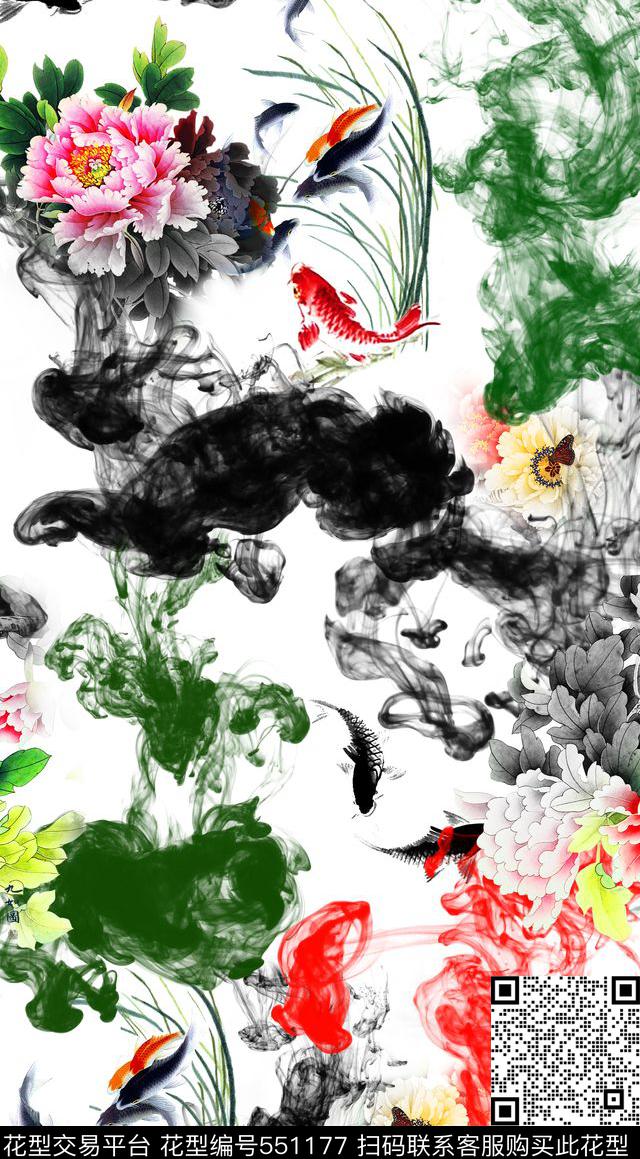 经典中国风水墨花卉牡丹水墨鱼池数码印花华亿平台下载（图片编号: 551177） - 瓦栏（Walan）