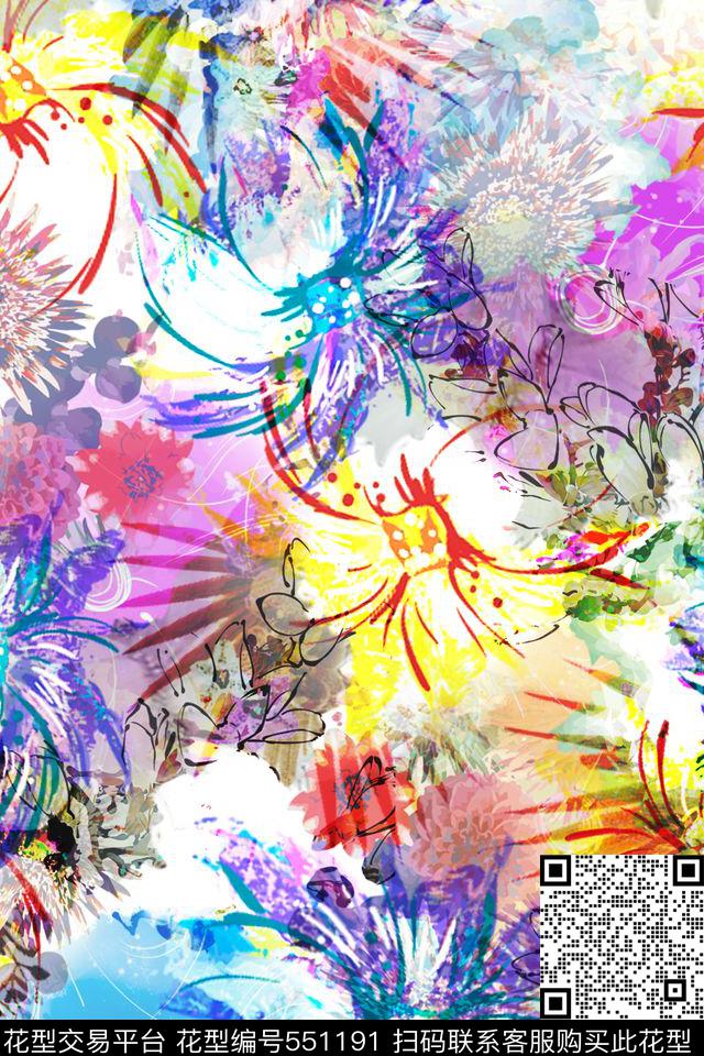 抽象炫彩数码印花抽象花卉抽象色块肌理女士夏季连衣裙女士休闲衬衫数码印花华亿平台下载（图片编号: 551191） - 瓦栏（Walan）