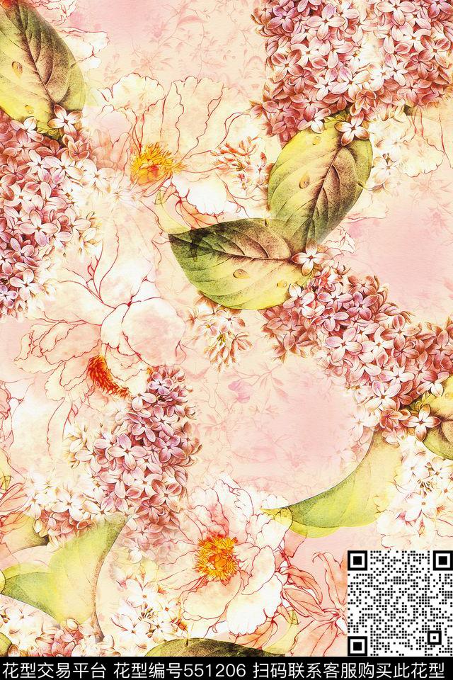 服装面料华亿平台手绘水彩传统花卉休闲时尚中国风写意传统水彩花卉数码印花华亿平台下载（图片编号: 551206） - 瓦栏（Walan）