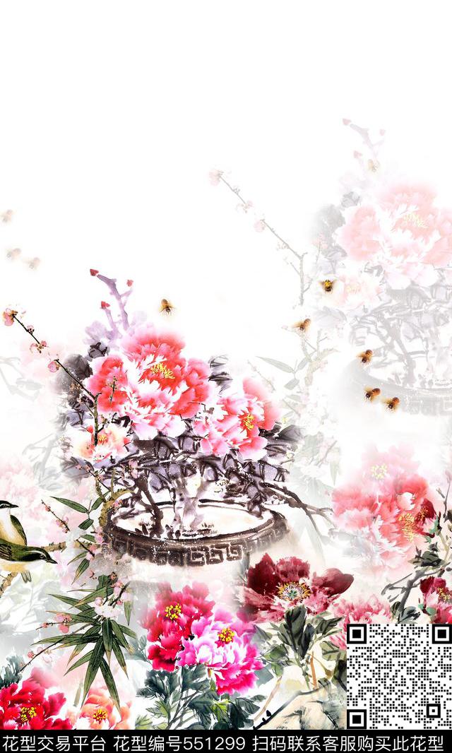中国风牡丹花卉花瓶定位数码印花华亿平台下载（图片编号: 551299） - 瓦栏（Walan）