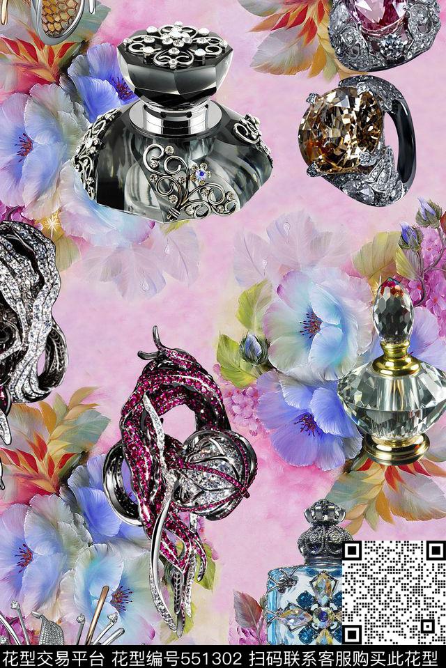 大花卉高档珠宝香水瓶子流行时尚原创时尚清新数码印花华亿平台下载（图片编号: 551302） - 瓦栏（Walan）