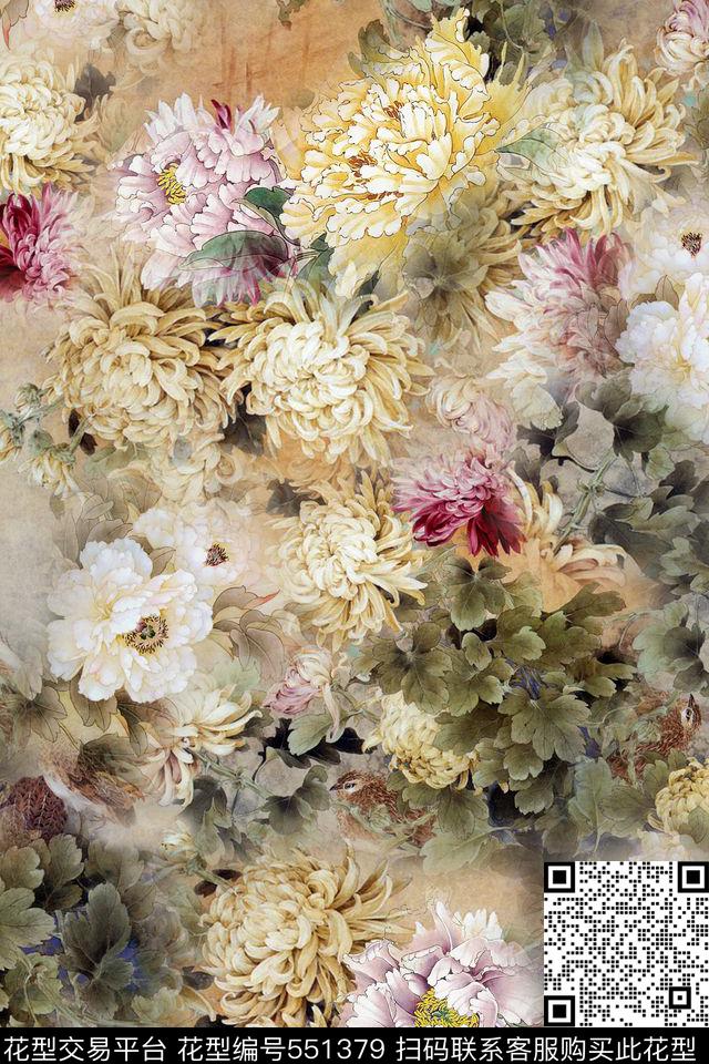 素雅国画工笔细腻花卉旗袍华亿平台数码印花华亿平台下载（图片编号: 551379） - 瓦栏（Walan）