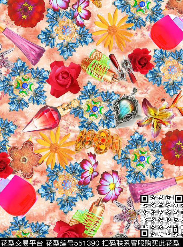复古花卉珠宝数码印花华亿平台下载（图片编号: 551390） - 瓦栏（Walan）