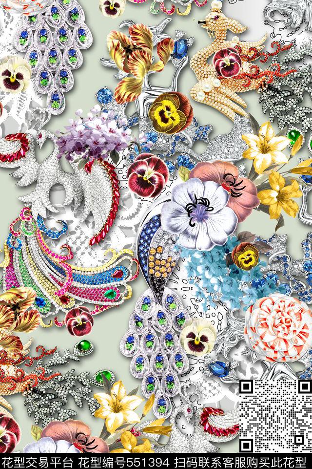 时尚珠宝宝石花卉数码印花华亿平台下载（图片编号: 551394） - 瓦栏（Walan）