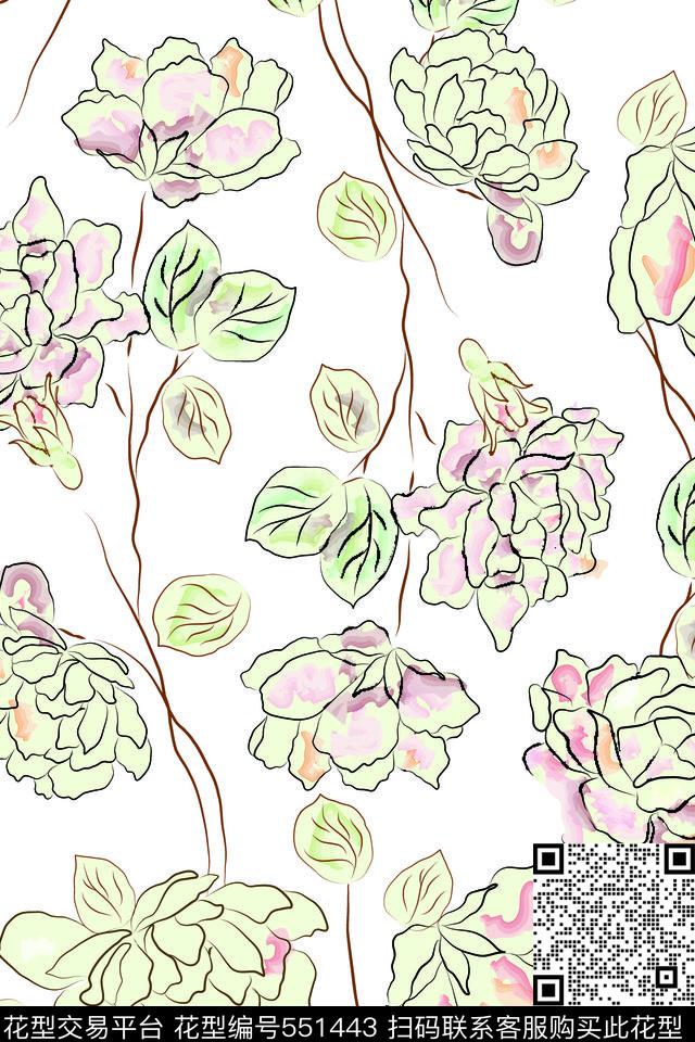 流行时尚手绘清爽玻璃纹时尚手绘清爽玻璃纹花卉流行时尚花卉传统印花华亿平台下载（图片编号: 551443） - 瓦栏（Walan）