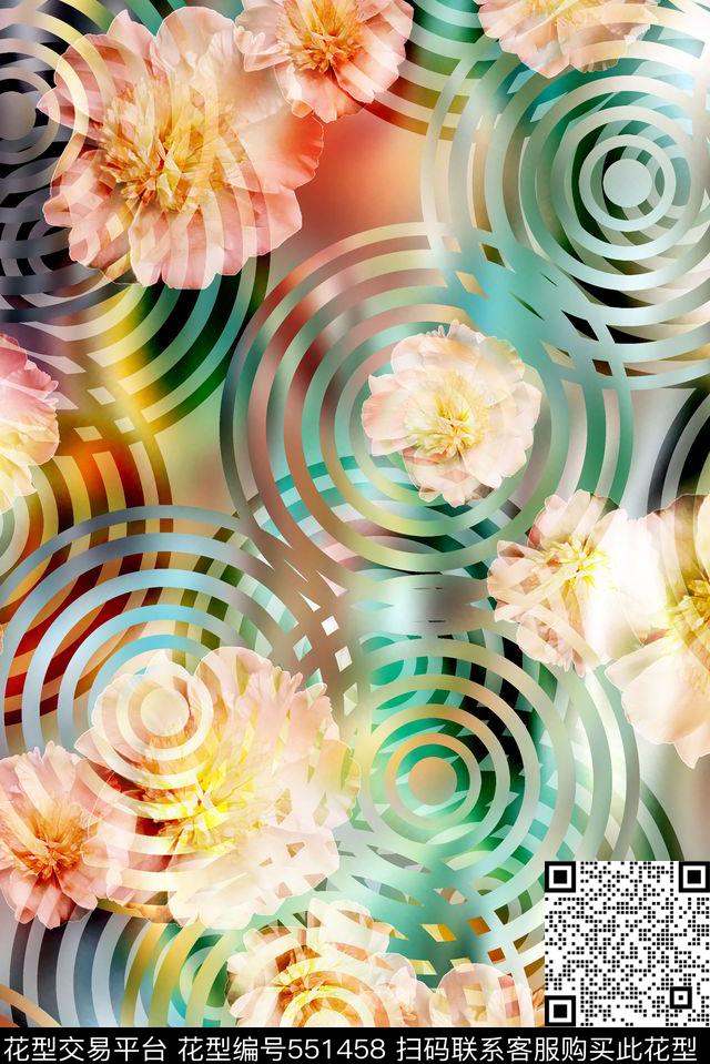 时尚大气花朵抽象几何数码印花华亿平台下载（图片编号: 551458） - 瓦栏（Walan）