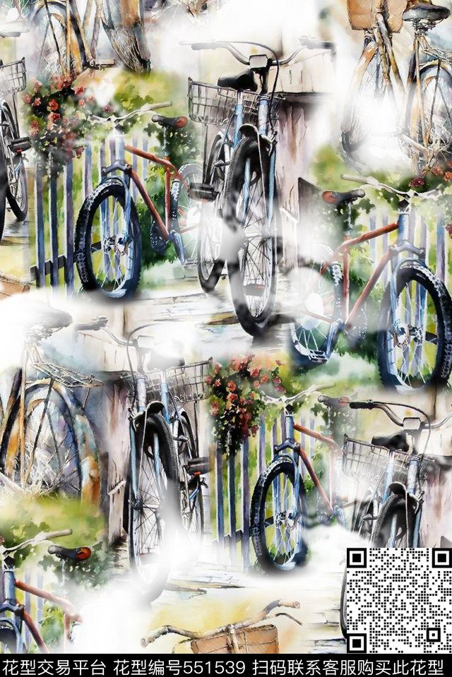 水彩自行车花卉数码印花华亿平台下载（图片编号: 551539） - 瓦栏（Walan）