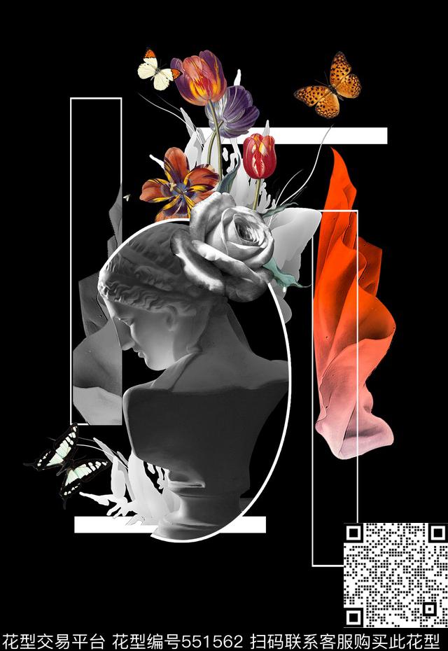 潮流时尚定位手绘花卉石膏人物数码印花华亿平台下载（图片编号: 551562） - 瓦栏（Walan）