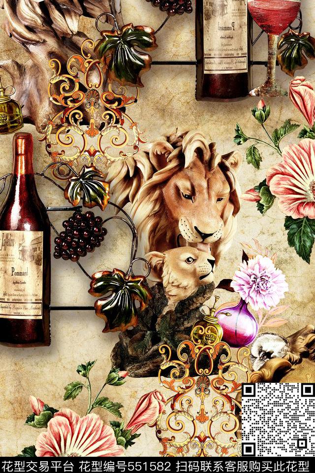 抽象狮面塑像酒瓶数码印花华亿平台下载（图片编号: 551582） - 瓦栏（Walan）