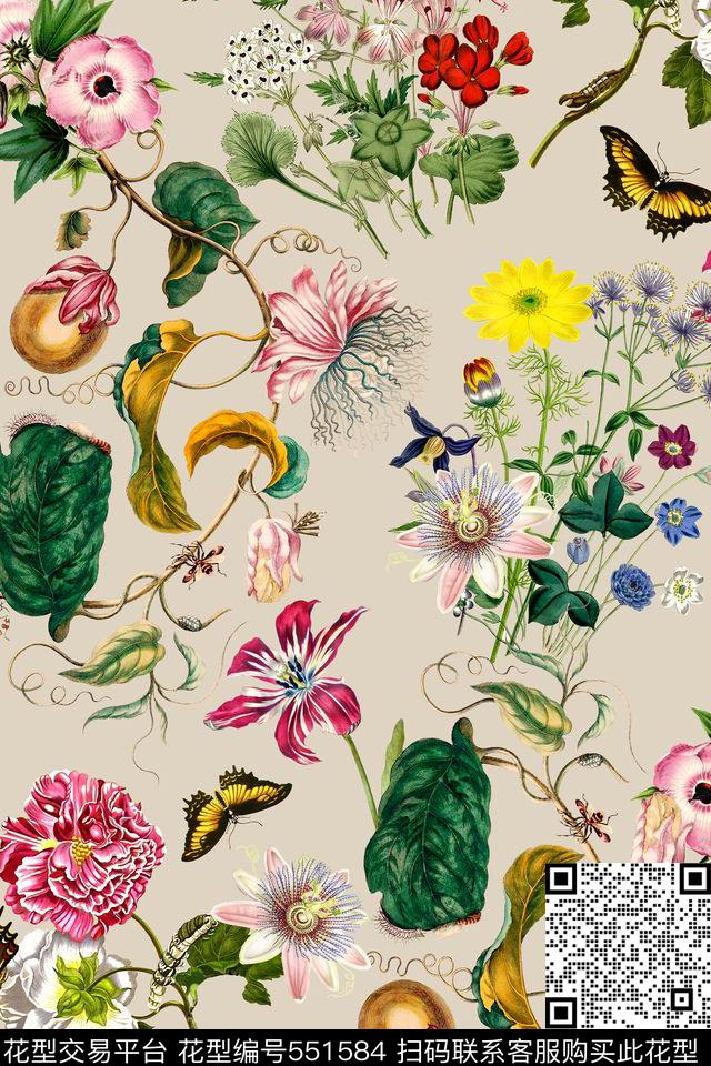 时尚手绘花卉数码印花华亿平台下载（图片编号: 551584） - 瓦栏（Walan）