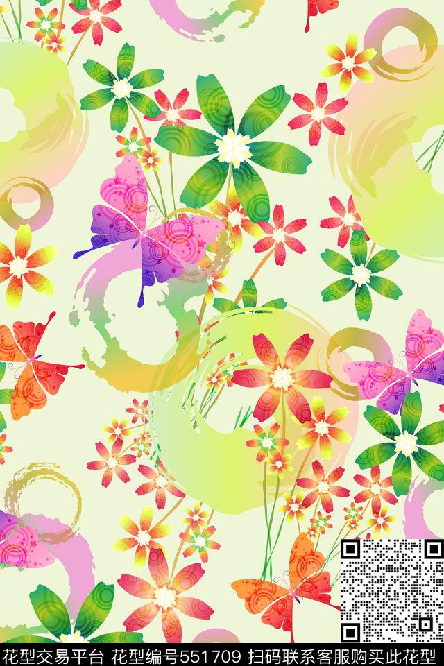 清新蝴蝶花簇数码印花华亿平台下载（图片编号: 551709） - 瓦栏（Walan）