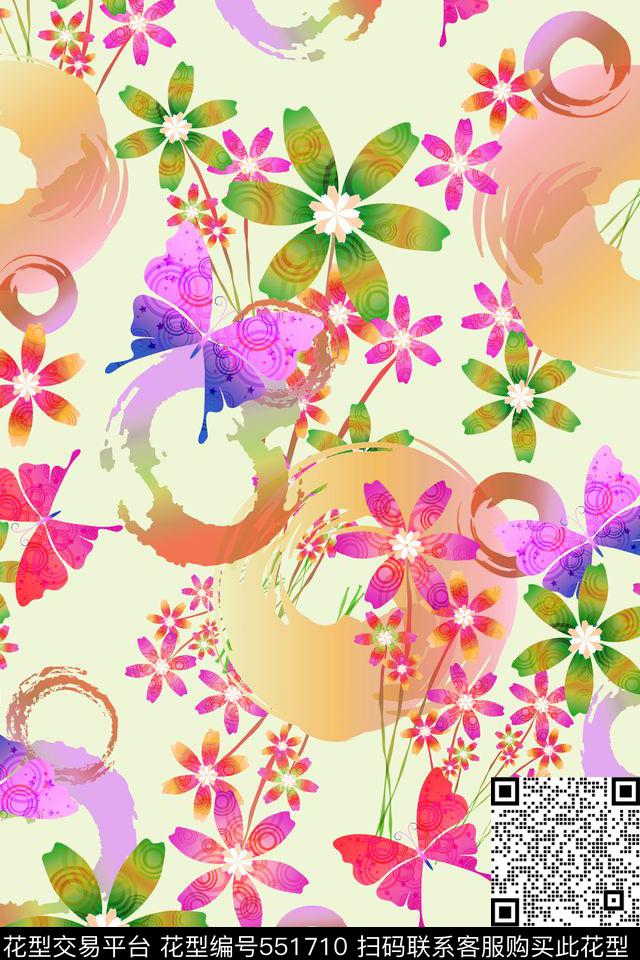 清新蝴蝶花簇数码印花华亿平台下载（图片编号: 551710） - 瓦栏（Walan）